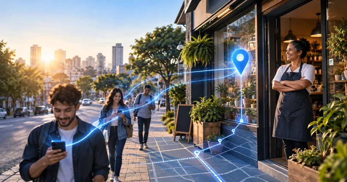 Pessoas consultam celulares perto de uma loja com marcador de localização, representando busca local.