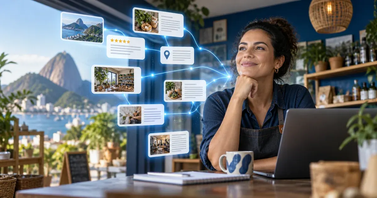Empresária diante de notebook com páginas e respostas conectadas, representando descoberta por assistentes de IA.