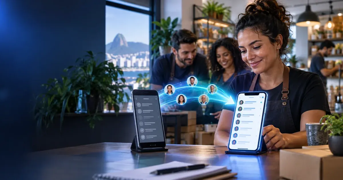 Equipe acompanha um celular e conversas ilustradas, representando a mudança de número de atendimento.