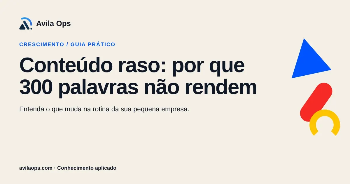 Cartaz editorial com o título “Conteúdo raso: por que 300 palavras não rendem” e formas azul, vermelha e amarela da Avila Ops.