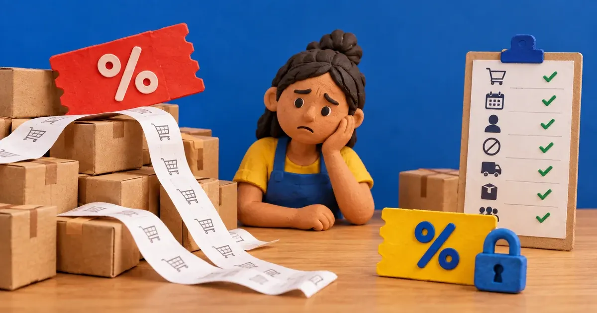 Lojista cercada de pedidos e cupons compara o volume de vendas com uma lista de regras de desconto.