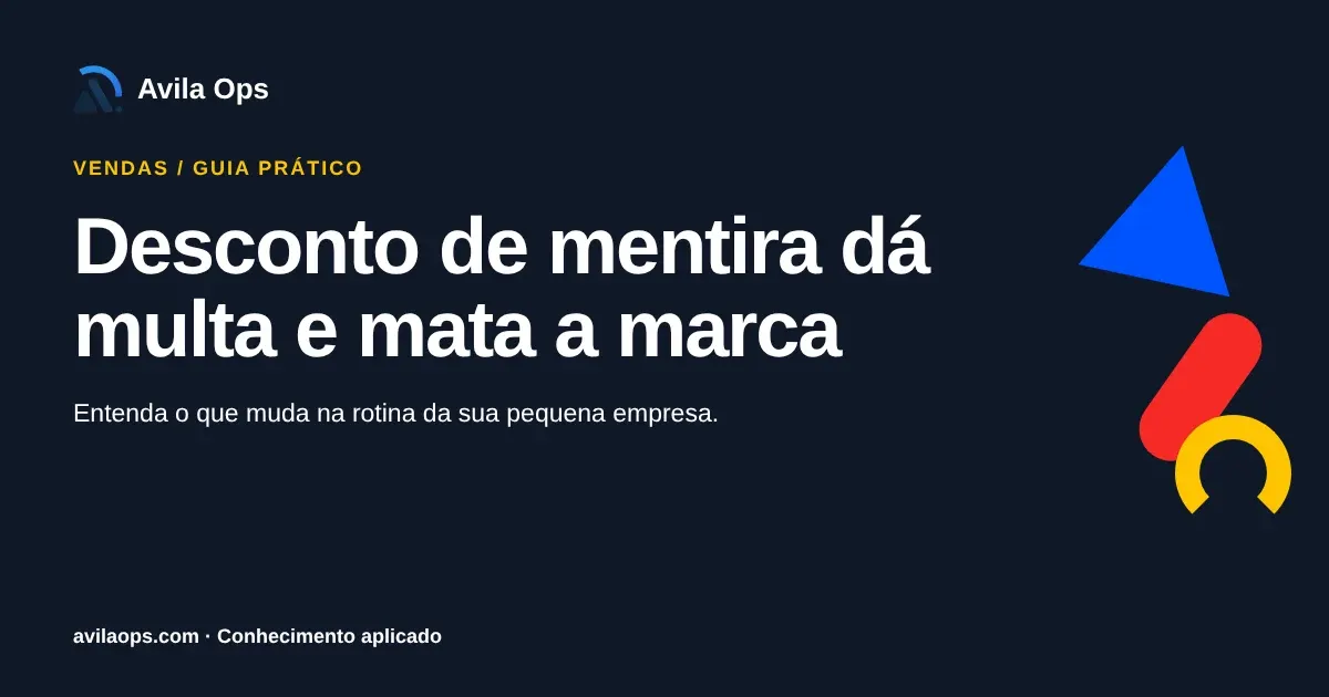 Cartaz editorial com o título “Desconto de mentira dá multa e mata a marca” e formas azul, vermelha e amarela da Avila Ops.