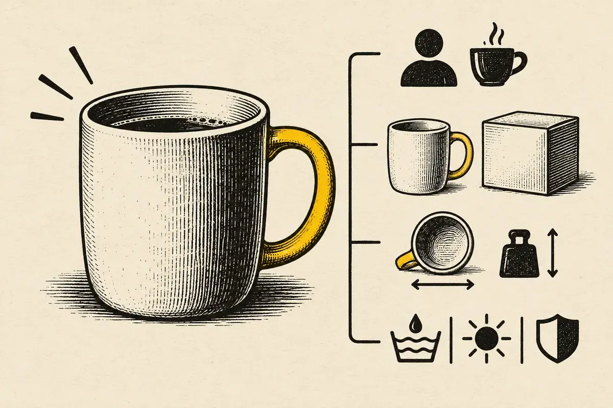 Caneca acompanhada de símbolos de uso, embalagem, dimensão e cuidado organiza os elementos da descrição.