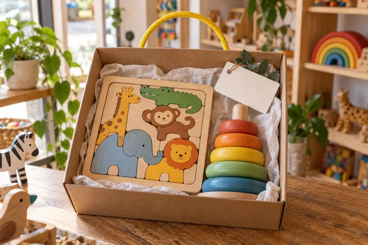 Quebra-cabeça de animais e argolas de empilhar formam um kit de presente com cartão e embalagem prontos.