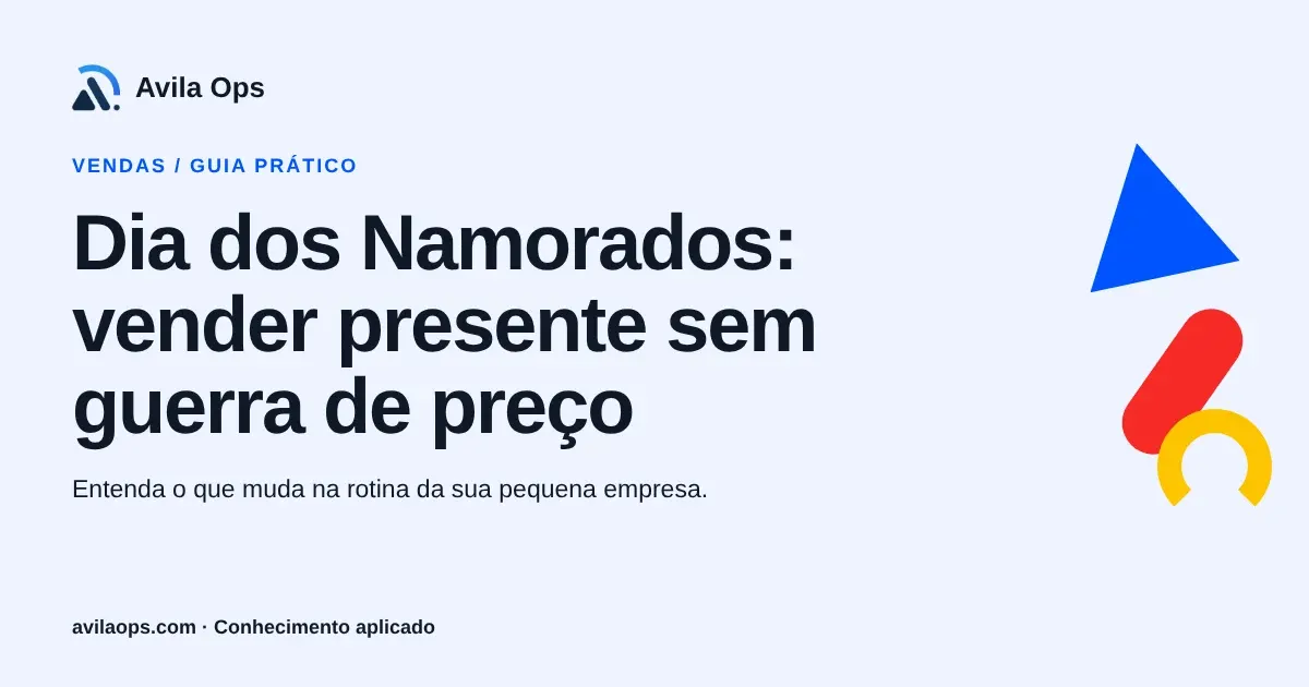 Cartaz editorial com o título “Dia dos Namorados: vender presente sem guerra de preço” e formas azul, vermelha e amarela da Avila Ops.