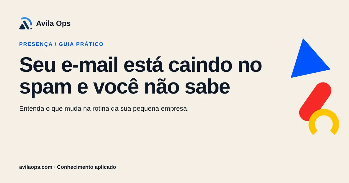 Cartaz editorial com o título “Seu e-mail está caindo no spam e você não sabe” e formas azul, vermelha e amarela da Avila Ops.