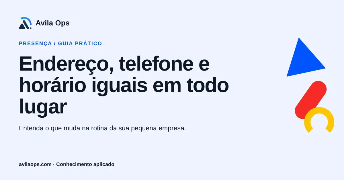 Cartaz editorial com o título “Endereço, telefone e horário iguais em todo lugar” e formas azul, vermelha e amarela da Avila Ops.