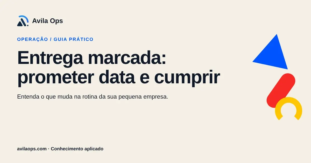 Cartaz editorial com o título “Entrega marcada: prometer data e cumprir” e formas azul, vermelha e amarela da Avila Ops.