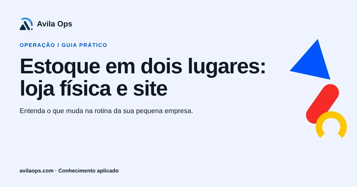 Cartaz editorial com o título “Estoque em dois lugares: loja física e site” e formas azul, vermelha e amarela da Avila Ops.