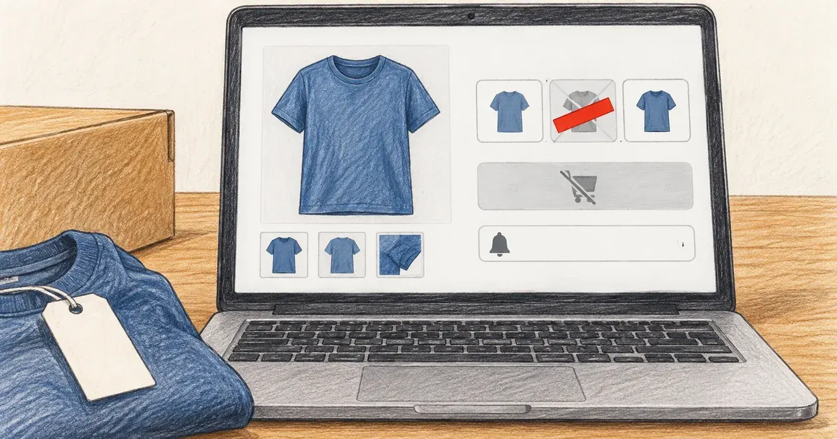 Variação indisponível de camiseta aparece com compra desativada e alternativa de aviso de reposição.