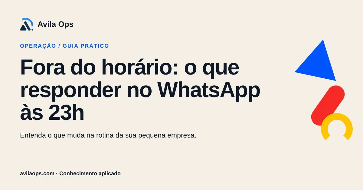 Cartaz editorial com o título “Fora do horário: o que responder no WhatsApp às 23h” e formas azul, vermelha e amarela da Avila Ops.