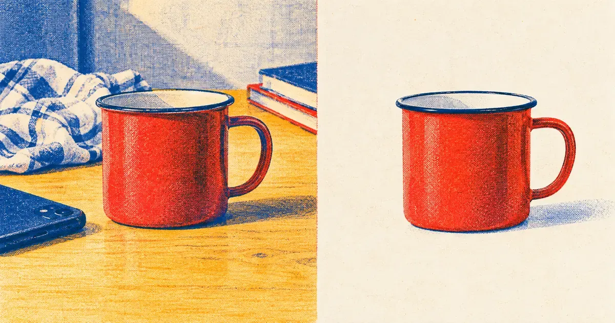 A mesma caneca aparece diante de um fundo cheio de objetos e de um fundo limpo, comparando a apresentação do produto.