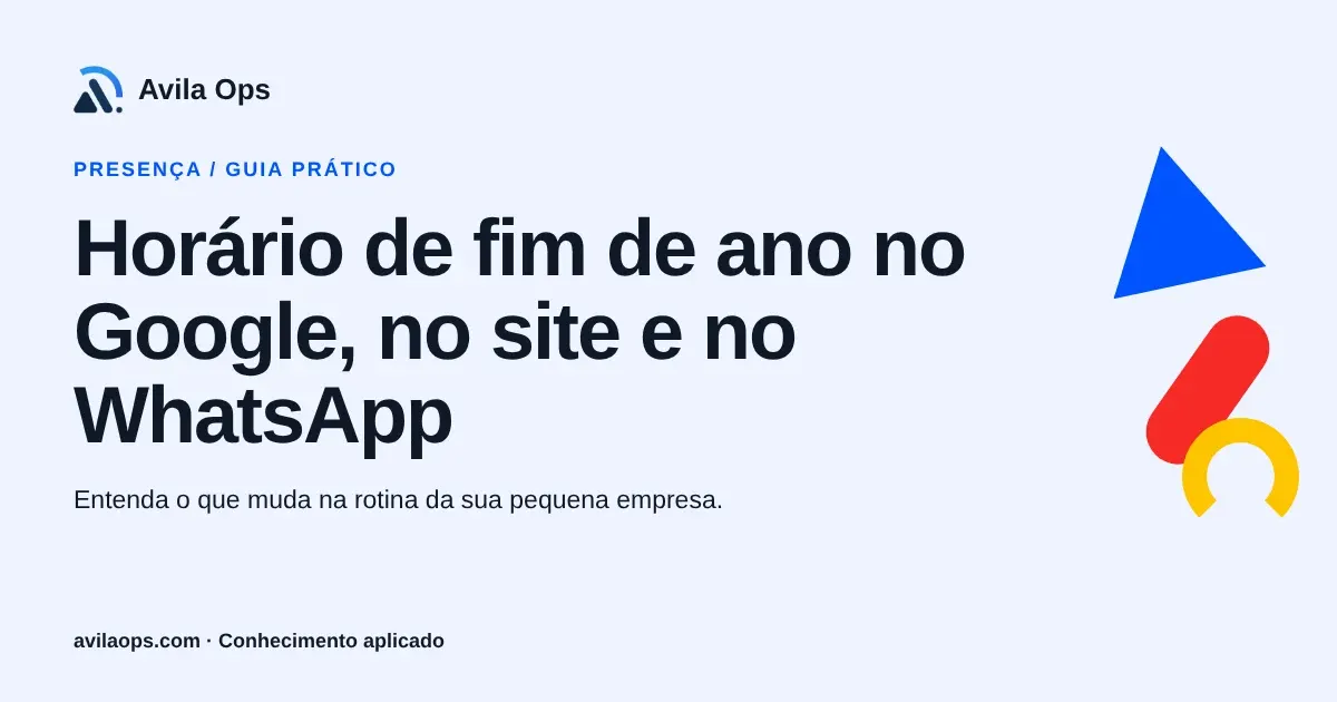 Cartaz editorial com o título “Horário de fim de ano no Google, no site e no WhatsApp” e formas azul, vermelha e amarela da Avila Ops.