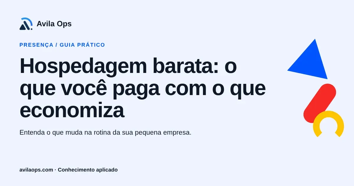 Cartaz editorial com o título “Hospedagem barata: o que você paga com o que economiza” e formas azul, vermelha e amarela da Avila Ops.