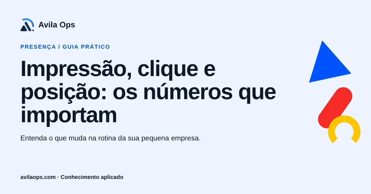 Cartaz editorial com o título “Impressão, clique e posição: os números que importam” e formas azul, vermelha e amarela da Avila Ops.