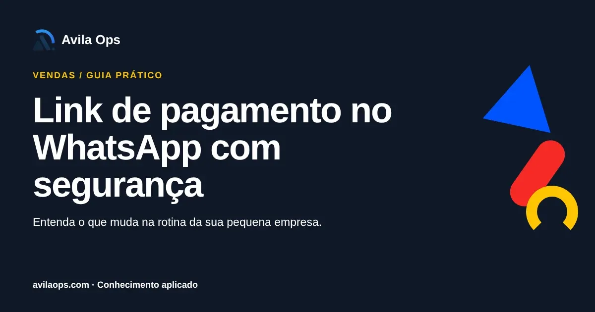 Cartaz editorial com o título “Link de pagamento no WhatsApp com segurança” e formas azul, vermelha e amarela da Avila Ops.