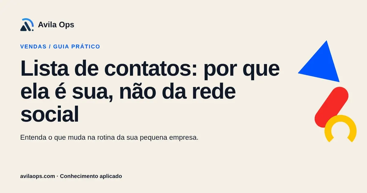 Cartaz editorial com o título “Lista de contatos: por que ela é sua, não da rede social” e formas azul, vermelha e amarela da Avila Ops.