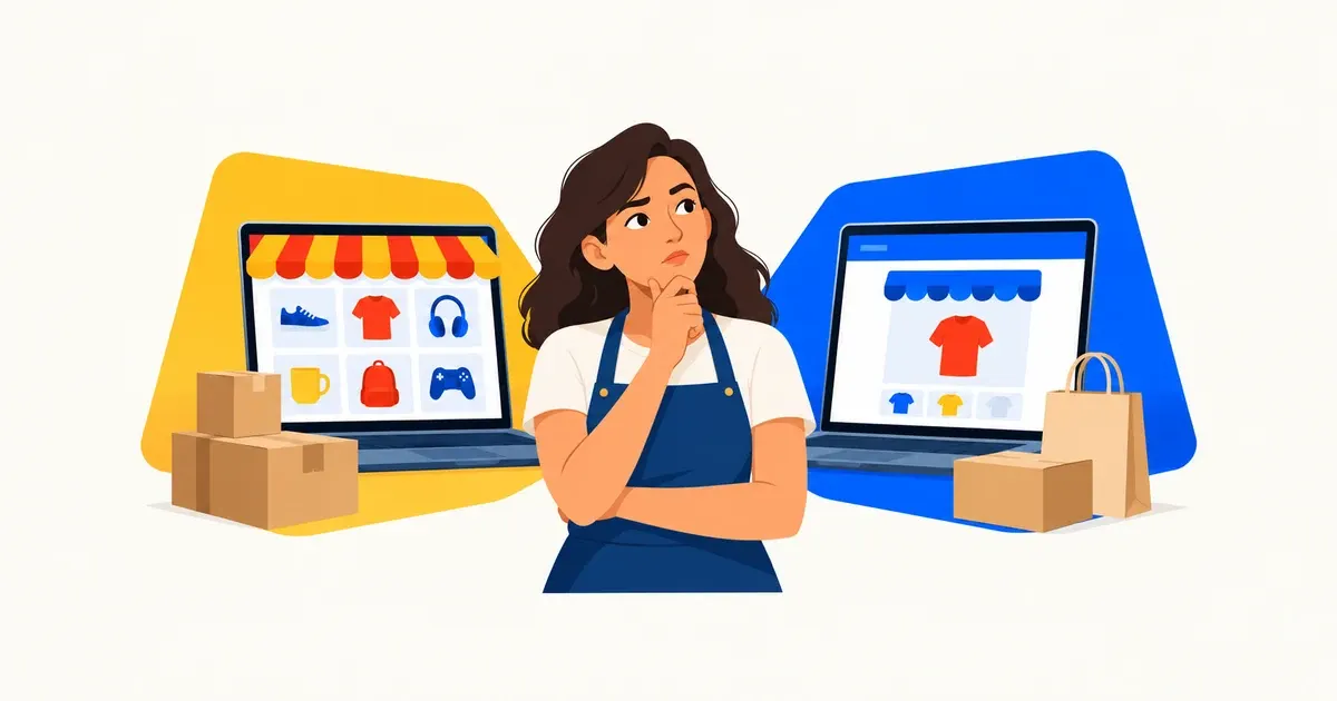 Lojista compara catálogo de várias categorias e apresentação exclusiva de sua loja de camisetas.