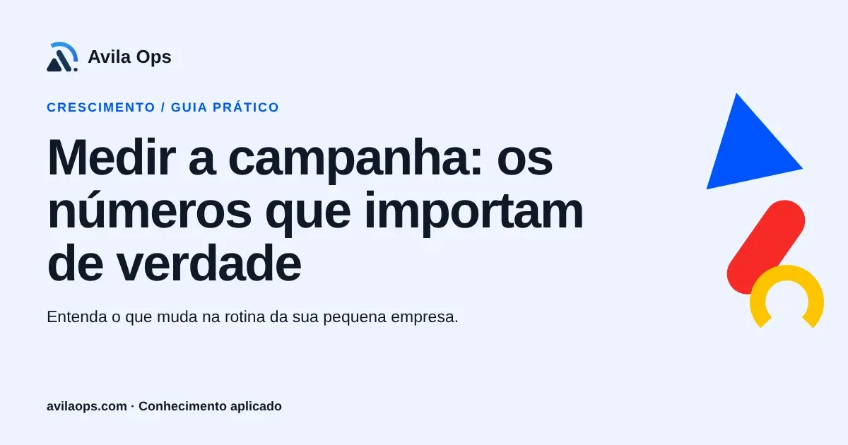 Cartaz editorial com o título “Medir a campanha: os números que importam de verdade” e formas azul, vermelha e amarela da Avila Ops.