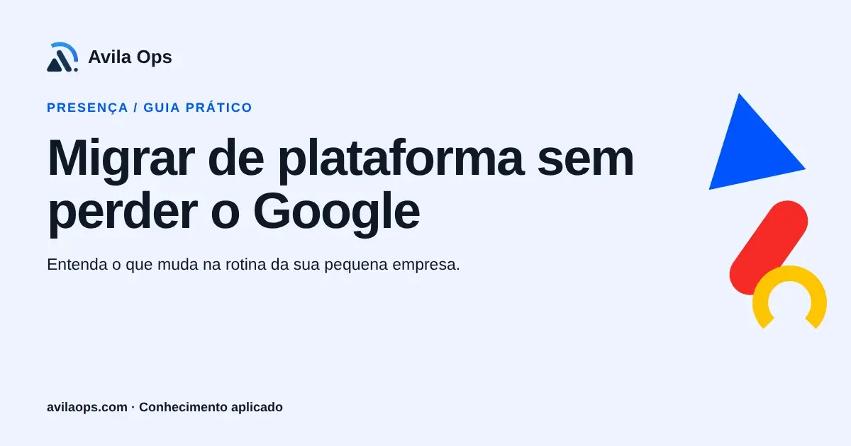 Cartaz editorial com o título “Migrar de plataforma sem perder o Google” e formas azul, vermelha e amarela da Avila Ops.