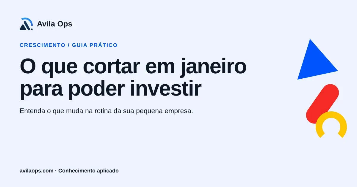 Cartaz editorial com o título “O que cortar em janeiro para poder investir” e formas azul, vermelha e amarela da Avila Ops.