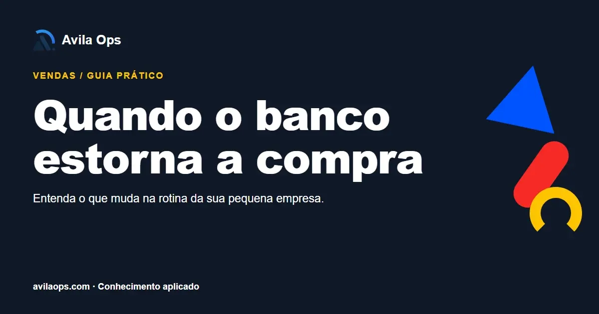 Cartaz editorial com o título “Quando o banco estorna a compra” e formas azul, vermelha e amarela da Avila Ops.