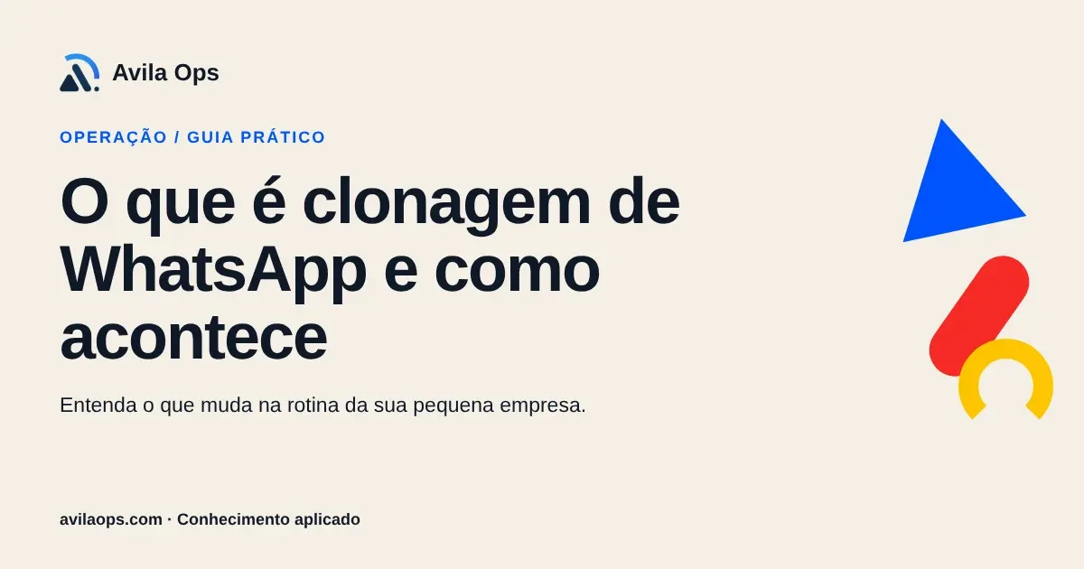 Cartaz editorial com o título “O que é clonagem de WhatsApp e como acontece” e formas azul, vermelha e amarela da Avila Ops.