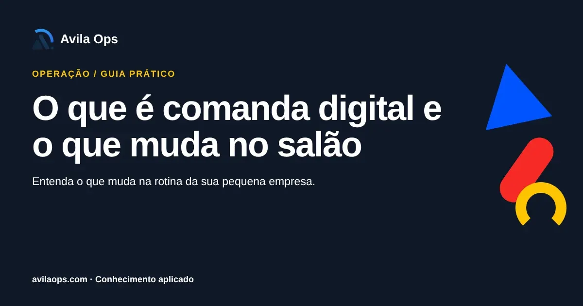 Cartaz editorial com o título “O que é comanda digital e o que muda no salão” e formas azul, vermelha e amarela da Avila Ops.