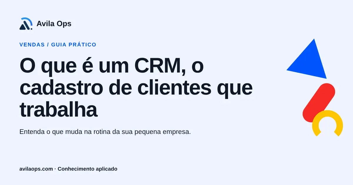 Cartaz editorial com o título “O que é um CRM, o cadastro de clientes que trabalha” e formas azul, vermelha e amarela da Avila Ops.