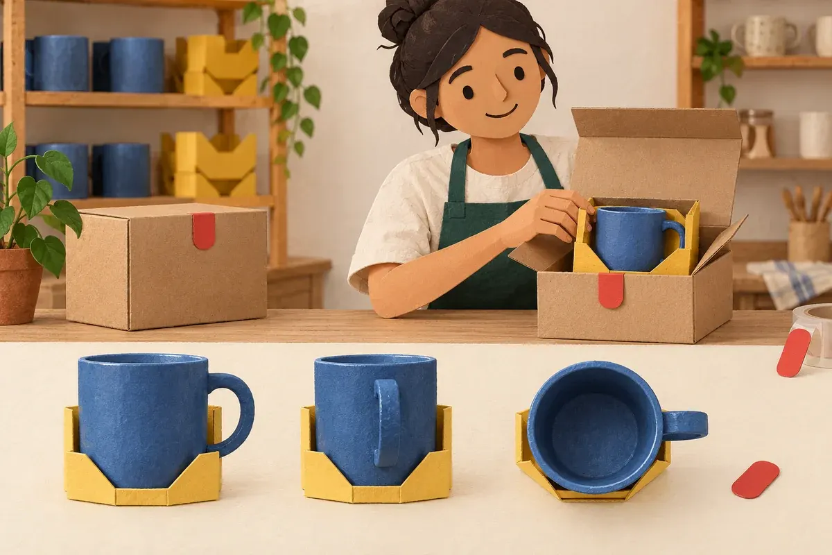 Caneca vista de diferentes ângulos evidencia detalhes que ajudam o cliente a avaliar o produto.