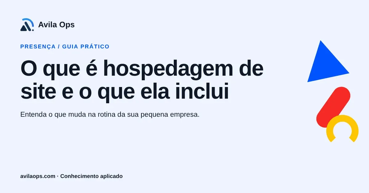 Cartaz editorial com o título “O que é hospedagem de site e o que ela inclui” e formas azul, vermelha e amarela da Avila Ops.