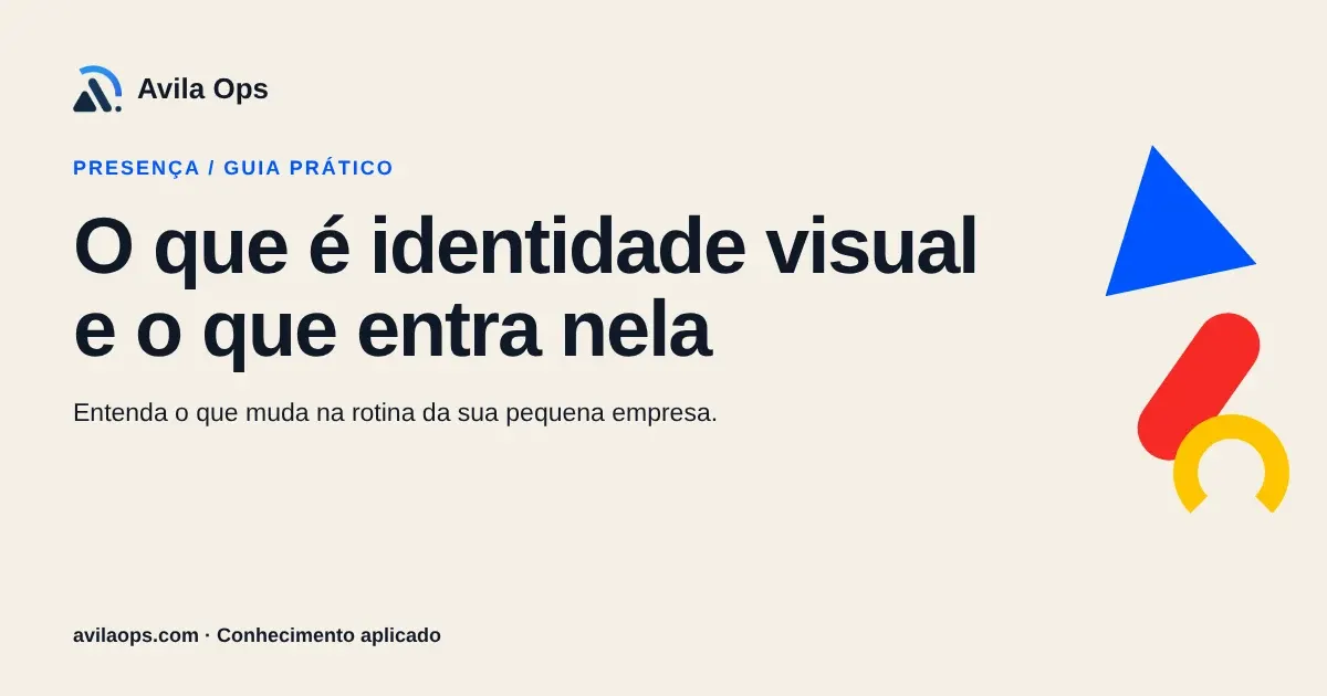 Cartaz editorial com o título “O que é identidade visual e o que entra nela” e formas azul, vermelha e amarela da Avila Ops.