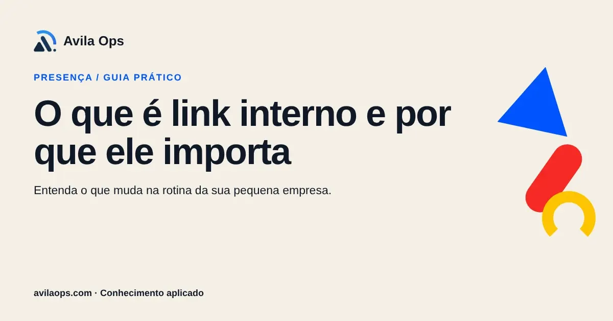 Cartaz editorial com o título “O que é link interno e por que ele importa” e formas azul, vermelha e amarela da Avila Ops.