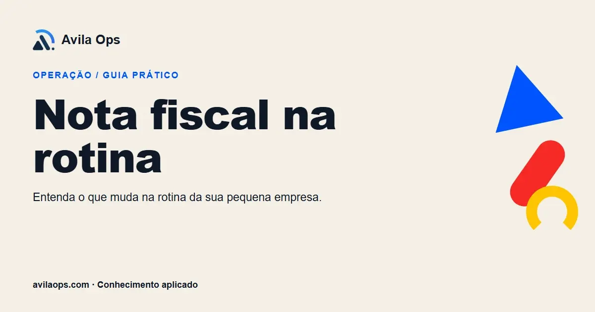 Cartaz editorial com o título “Nota fiscal na rotina” e formas azul, vermelha e amarela da Avila Ops.