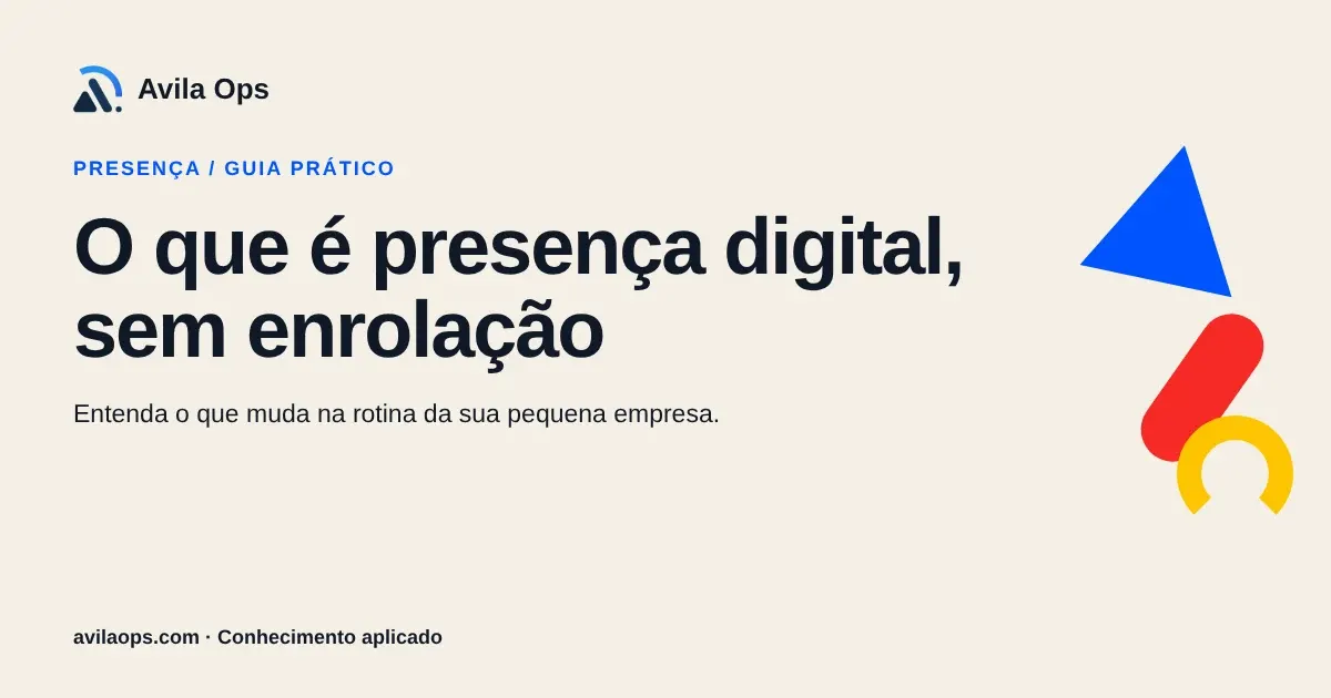 Cartaz editorial com o título “O que é presença digital, sem enrolação” e formas azul, vermelha e amarela da Avila Ops.