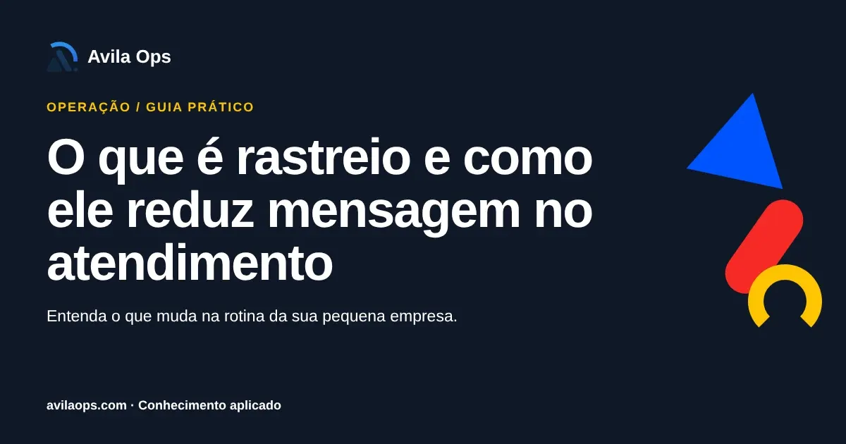 Cartaz editorial com o título “O que é rastreio e como ele reduz mensagem no atendimento” e formas azul, vermelha e amarela da Avila Ops.