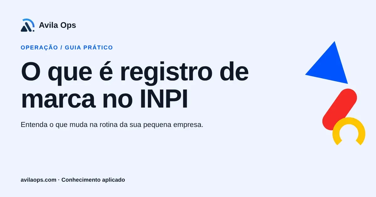 Cartaz editorial com o título “O que é registro de marca no INPI” e formas azul, vermelha e amarela da Avila Ops.