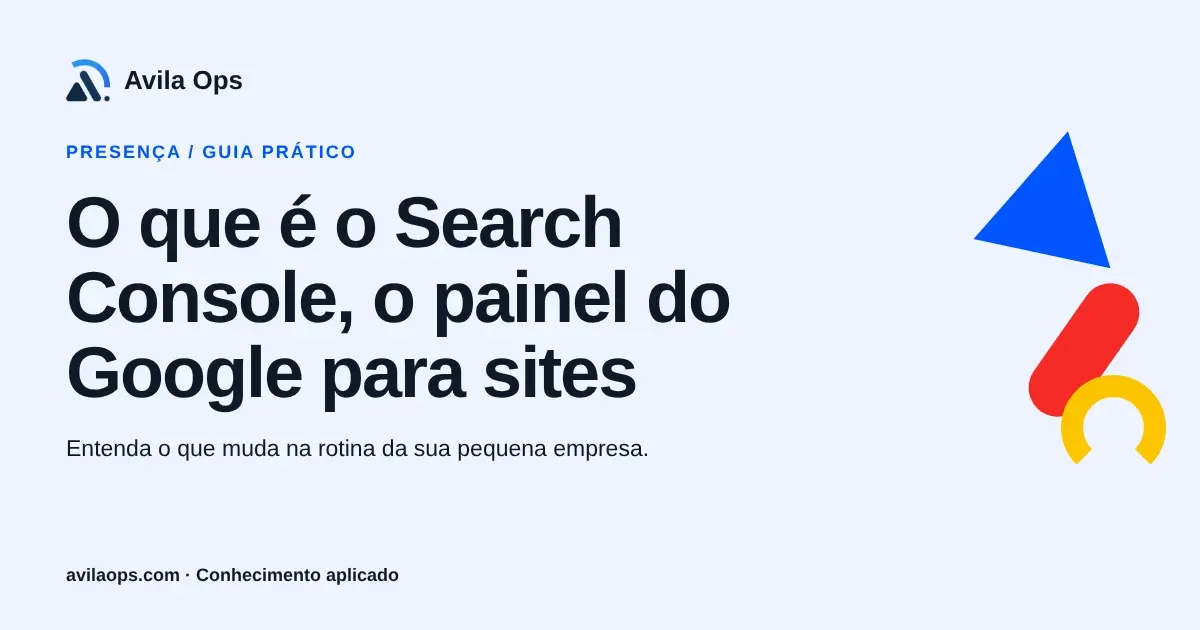 Cartaz editorial com o título “O que é o Search Console, o painel do Google para sites” e formas azul, vermelha e amarela da Avila Ops.