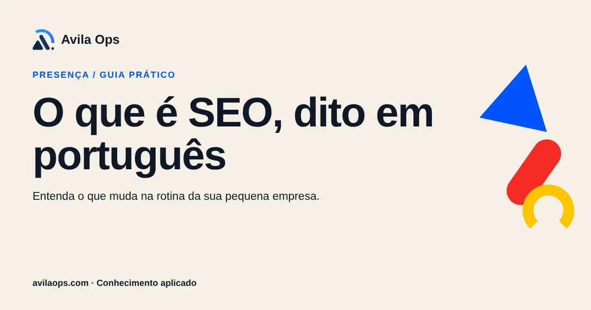 Cartaz editorial com o título “O que é SEO, dito em português” e formas azul, vermelha e amarela da Avila Ops.