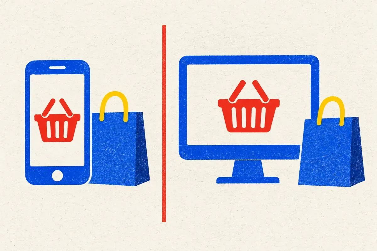 Celular e computador separados por uma linha, cada um com cesta e sacola, indicando a medição de compras por tipo de aparelho.
