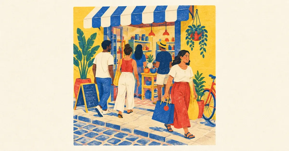 Visitantes entram numa pequena loja enquanto uma cliente sai com uma sacola, ilustrando a conversão de visitas em compras.