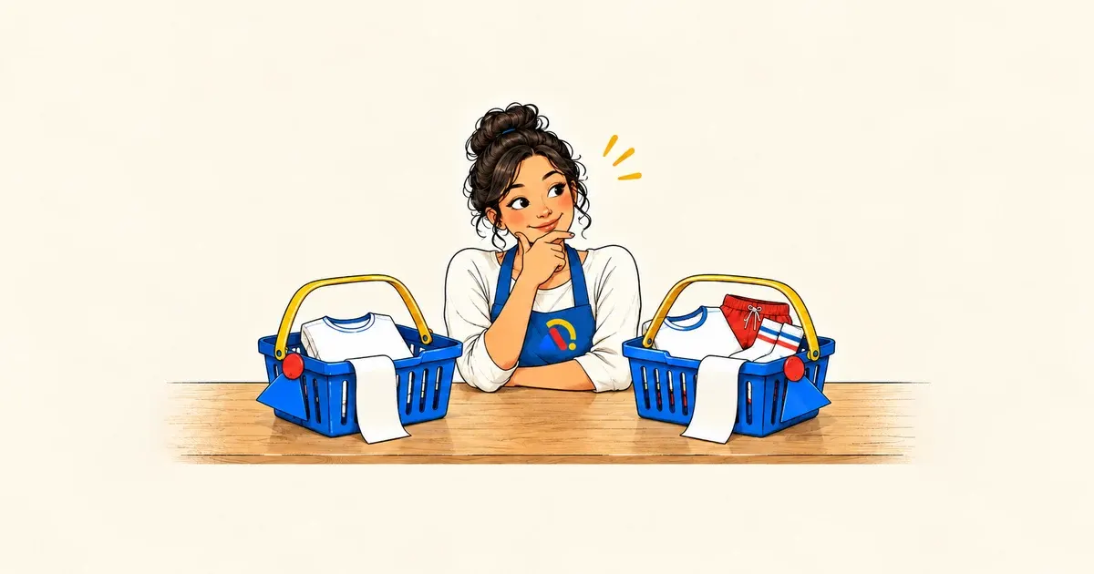 Lojista compara cestas com diferentes quantidades de roupas, ilustrando a variação do valor de cada pedido.