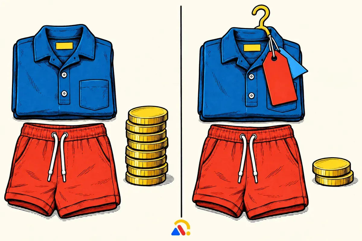 As mesmas peças de roupa aparecem com fichas de receita menores após um desconto, mostrando a queda do valor recebido por pedido.