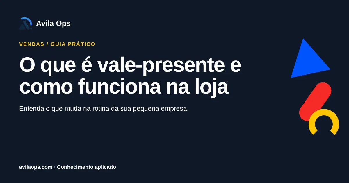 Cartaz editorial com o título “O que é vale-presente e como funciona na loja” e formas azul, vermelha e amarela da Avila Ops.