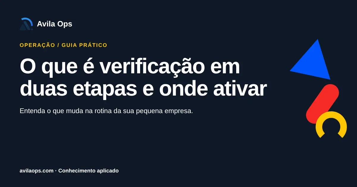 Cartaz editorial com o título “O que é verificação em duas etapas e onde ativar” e formas azul, vermelha e amarela da Avila Ops.