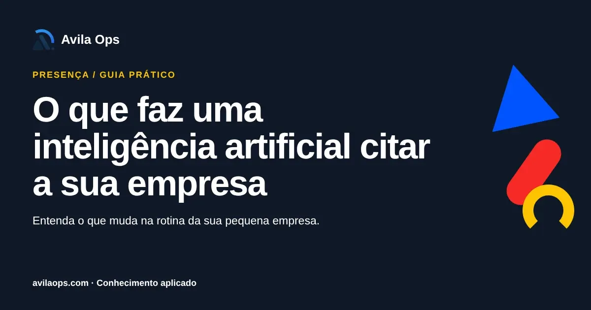 Cartaz editorial com o título “O que faz uma inteligência artificial citar a sua empresa” e formas azul, vermelha e amarela da Avila Ops.