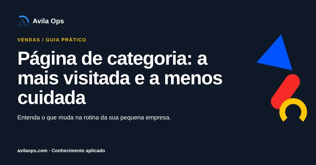 Cartaz editorial com o título “Página de categoria: a mais visitada e a menos cuidada” e formas azul, vermelha e amarela da Avila Ops.