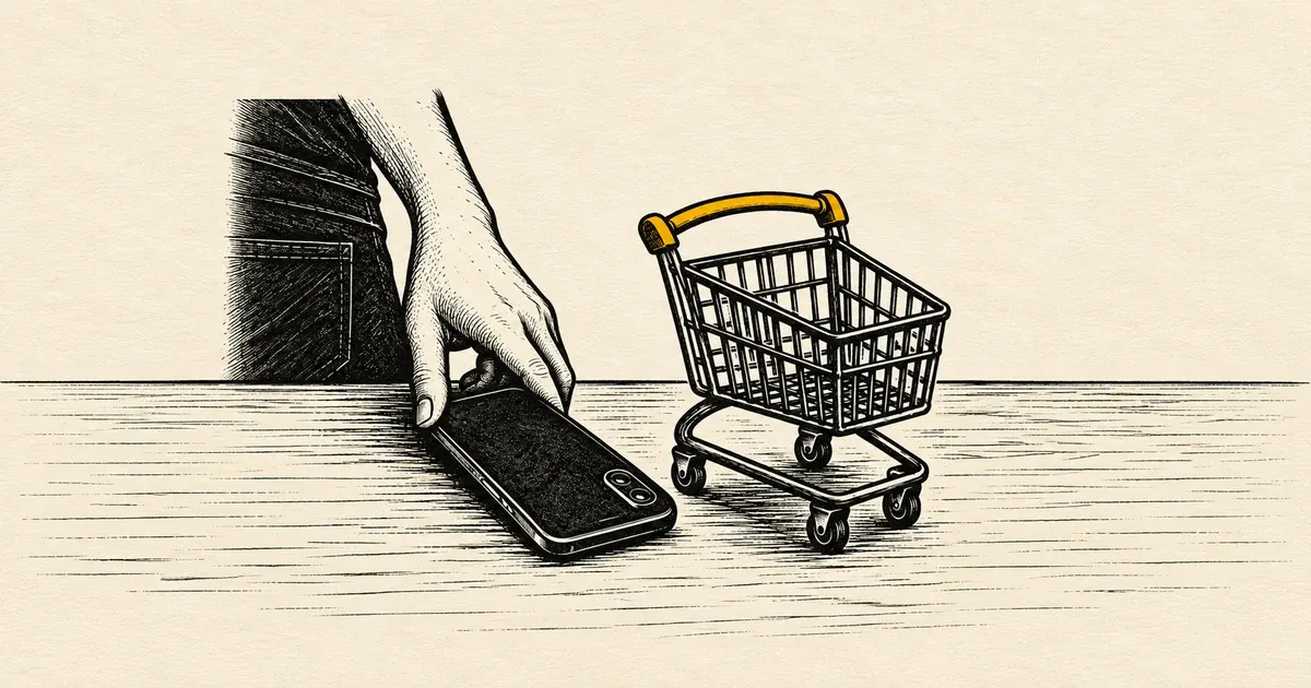 Comprador deixa o celular de lado junto a um carrinho vazio, representando abandono da compra.