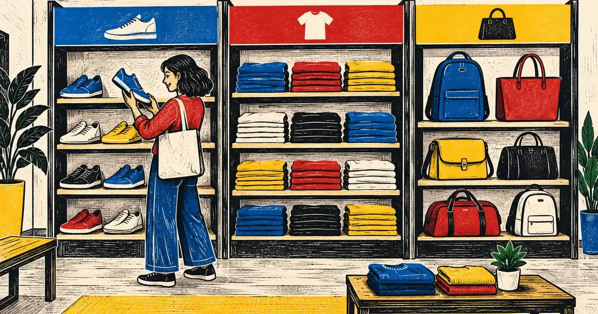 Prateleiras separadas por calçados, roupas e bolsas tornam os grupos de produtos fáceis de encontrar.