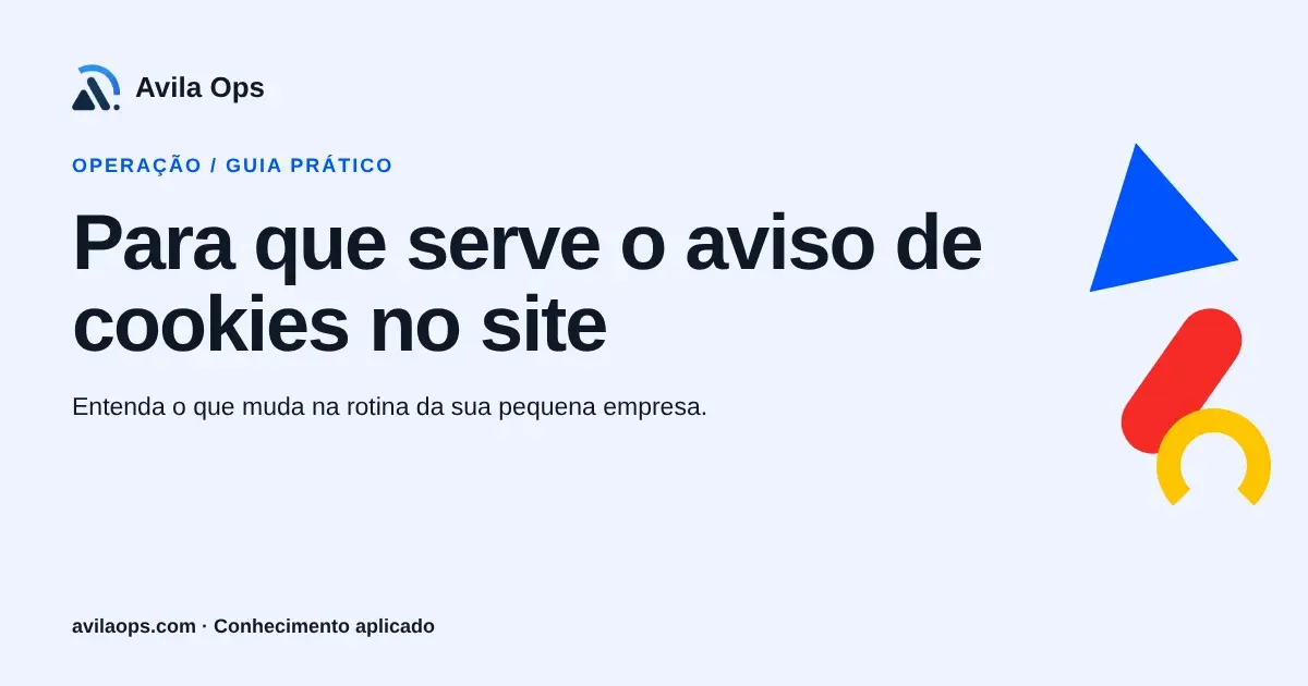 Cartaz editorial com o título “Para que serve o aviso de cookies no site” e formas azul, vermelha e amarela da Avila Ops.